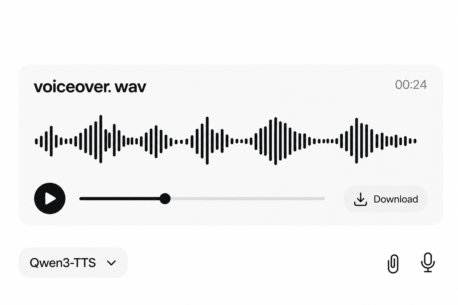 Conceptual BaseCode detail with an audio player, waveform, Qwen3-TTS, attachment and voice controls.