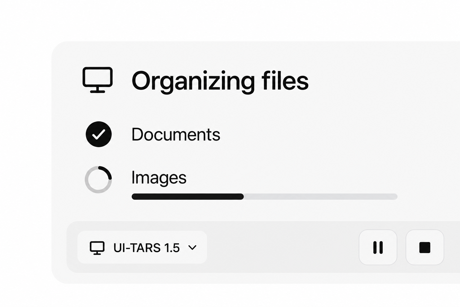 Conceptual detail of a file organization task with UI-TARS 1.5, progress, pause and stop controls.