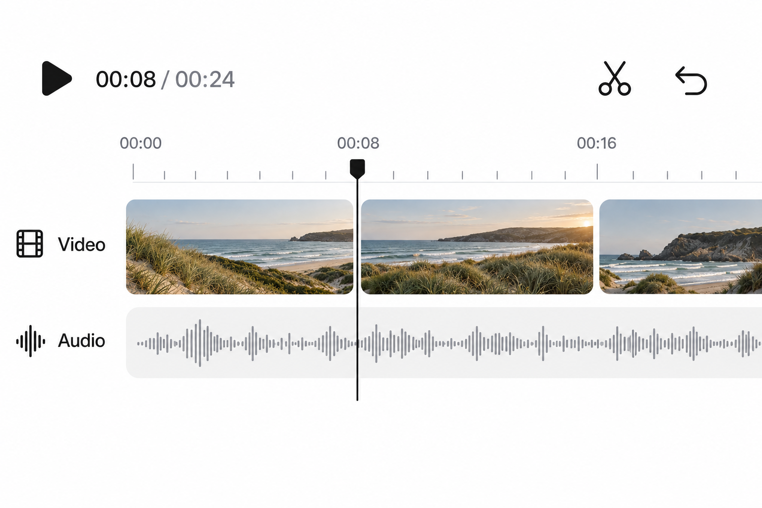 Conceptual BaseCode timeline detail with video and audio tracks and cutting tools.